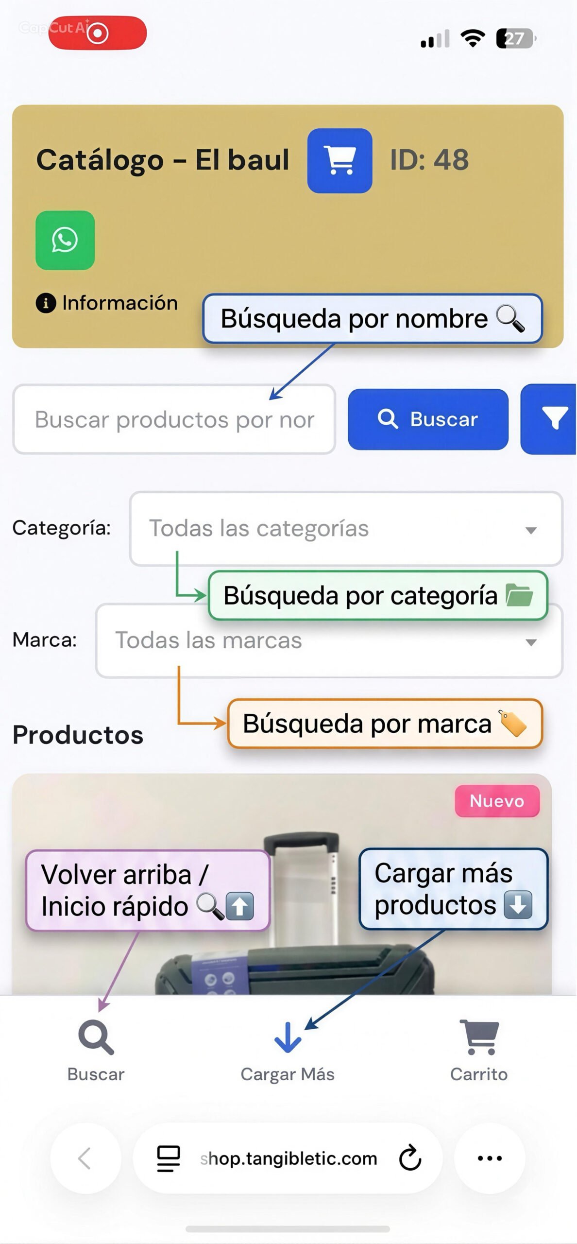 filtros u opciones de búsqueda del catalogo🛍️